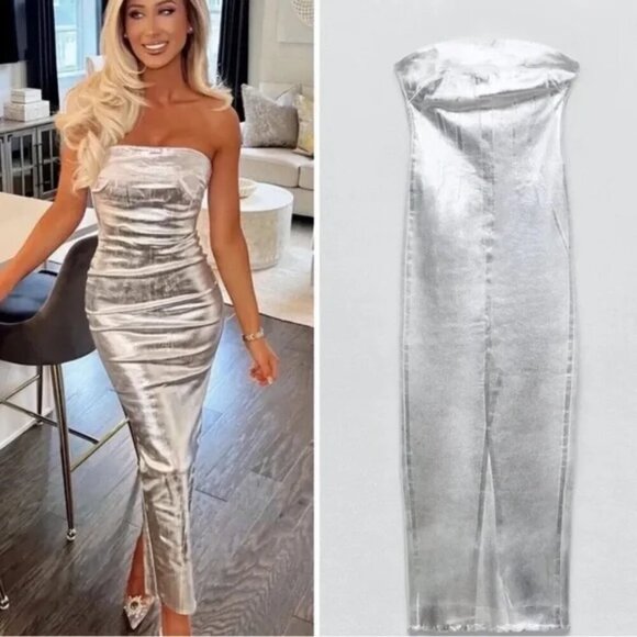 Zara Strapless Fitted Midi Dress Silver Metallic Size XS - Picture 1 of 12